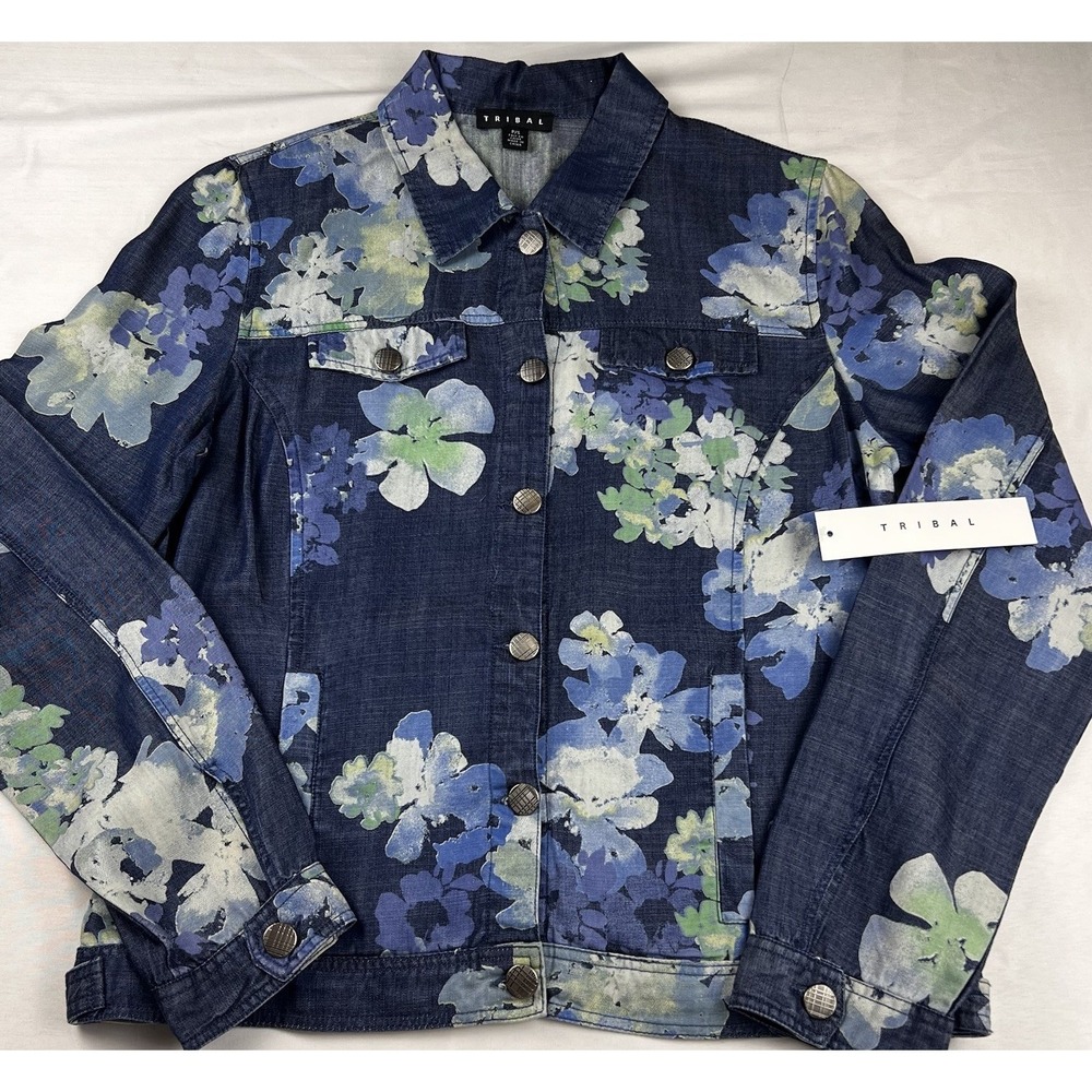 Tribal Floral Trucker Jacket Blue Denim Button Front Lightweight Women Petite Sm